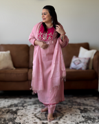 Dhwani wearing premium pink mul chanderi suit with embroidered yoke and matching dupatta – Go Desi Canada