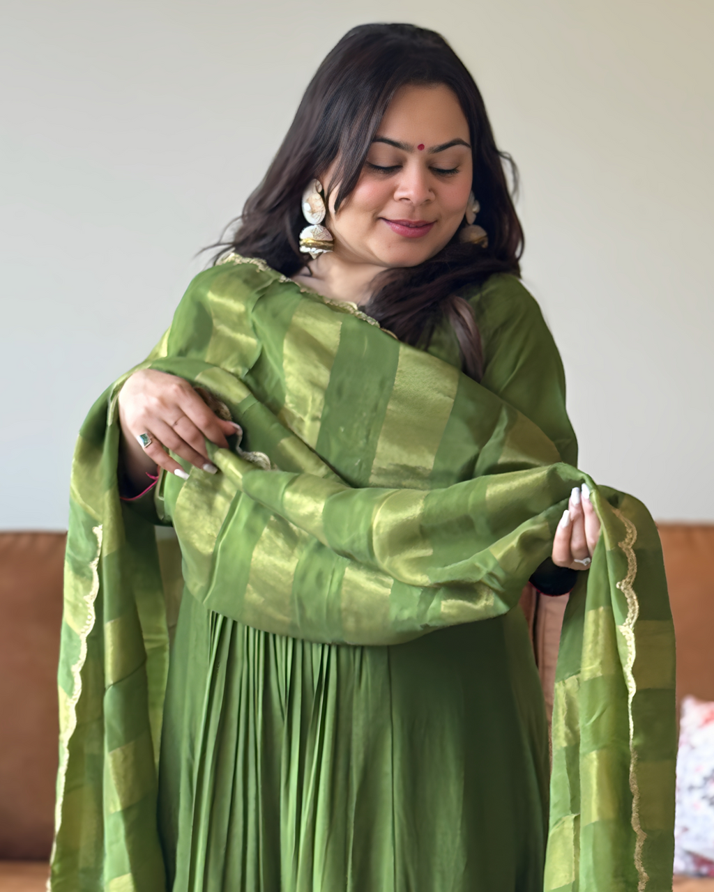 Dhwani wearing premium green silk anarkali suit with mirror embroidery and zari dupatta – Go Desi Canada