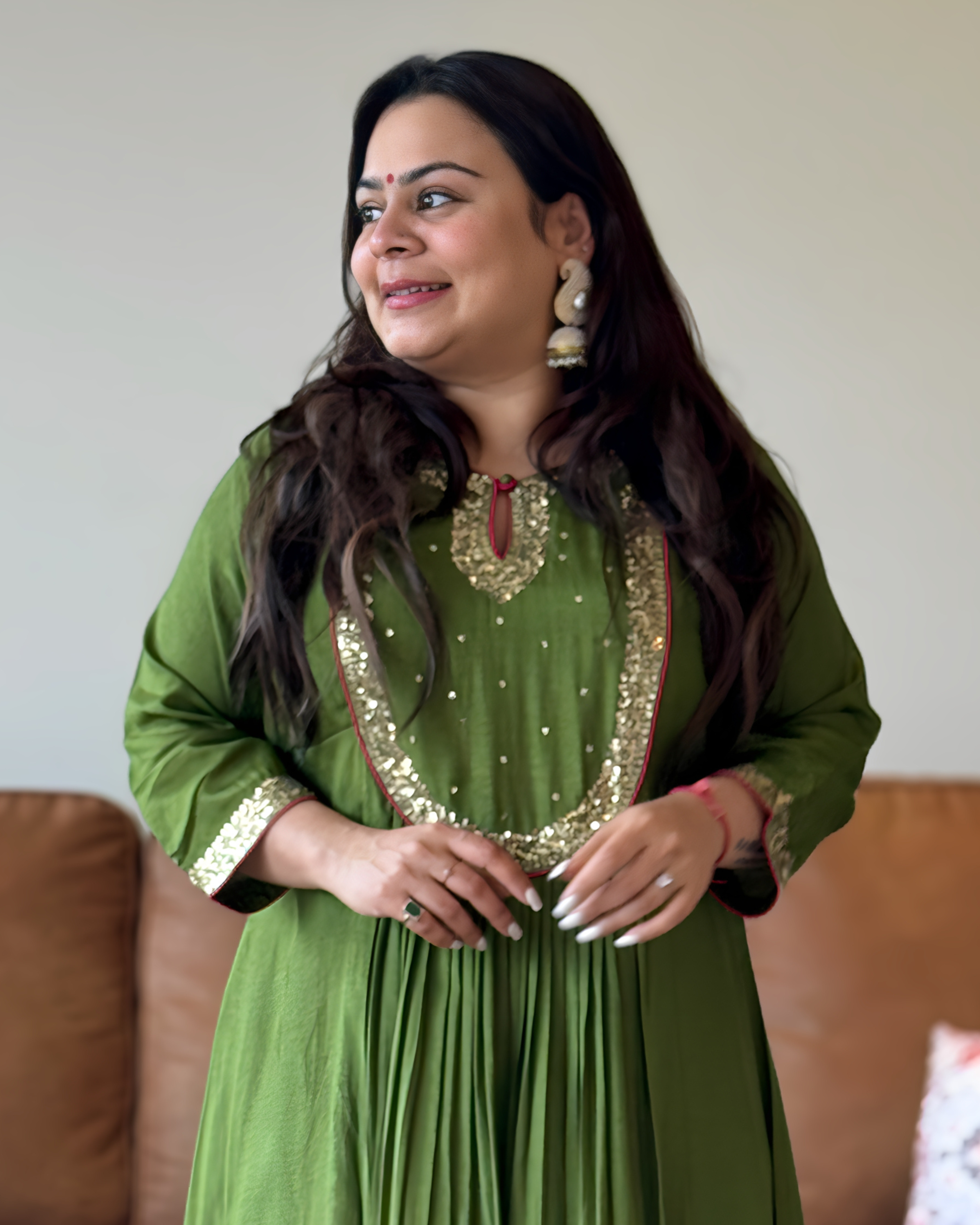 Dhwani wearing premium green silk anarkali suit with mirror embroidery and zari dupatta – Go Desi Canada