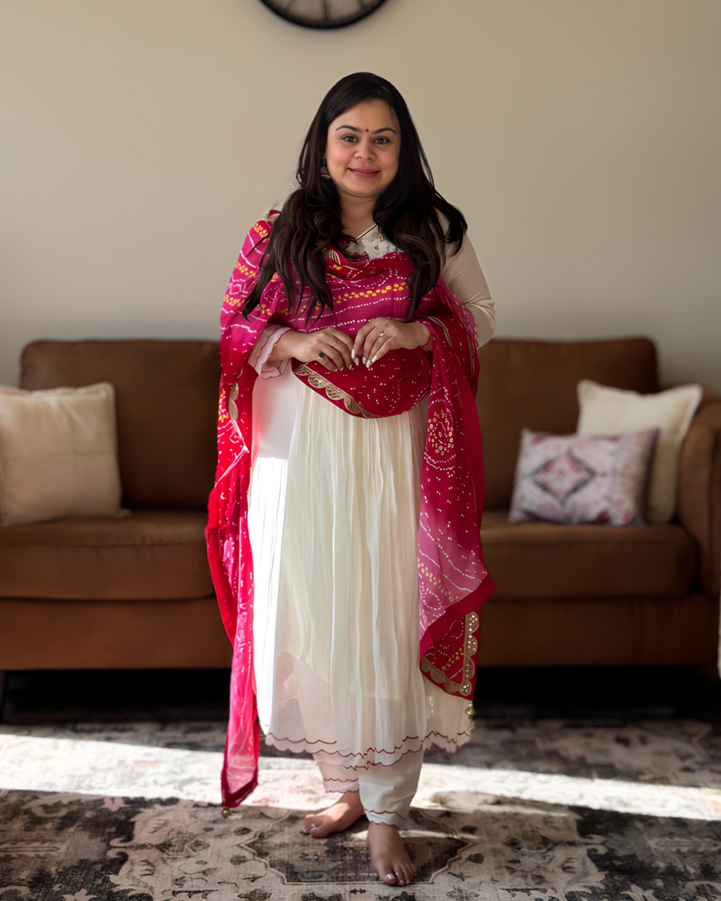 Dhwani wearing premium mul chanderi white anarkali suit with red bandhani dupatta – Go Desi Canada
