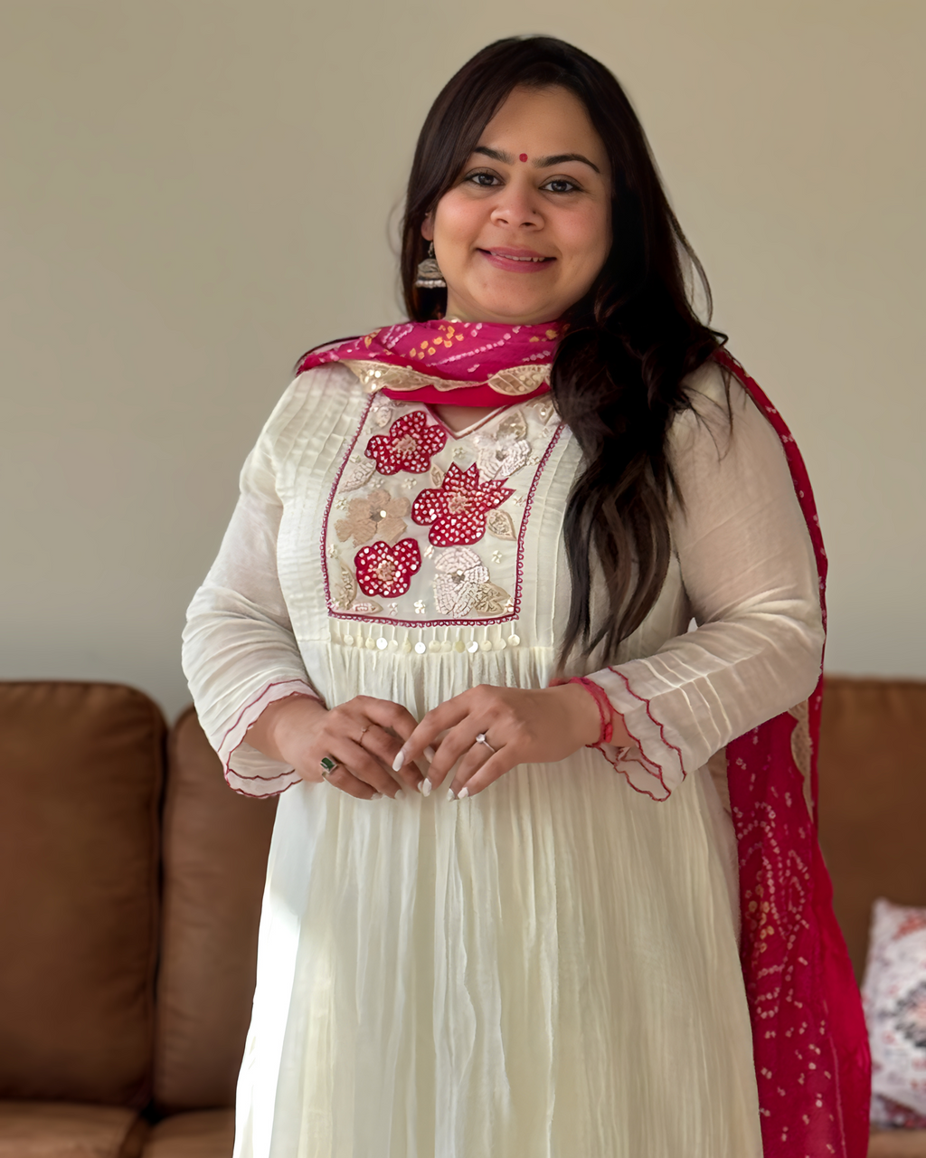 Dhwani wearing premium mul chanderi white anarkali suit with red bandhani dupatta – Go Desi Canada