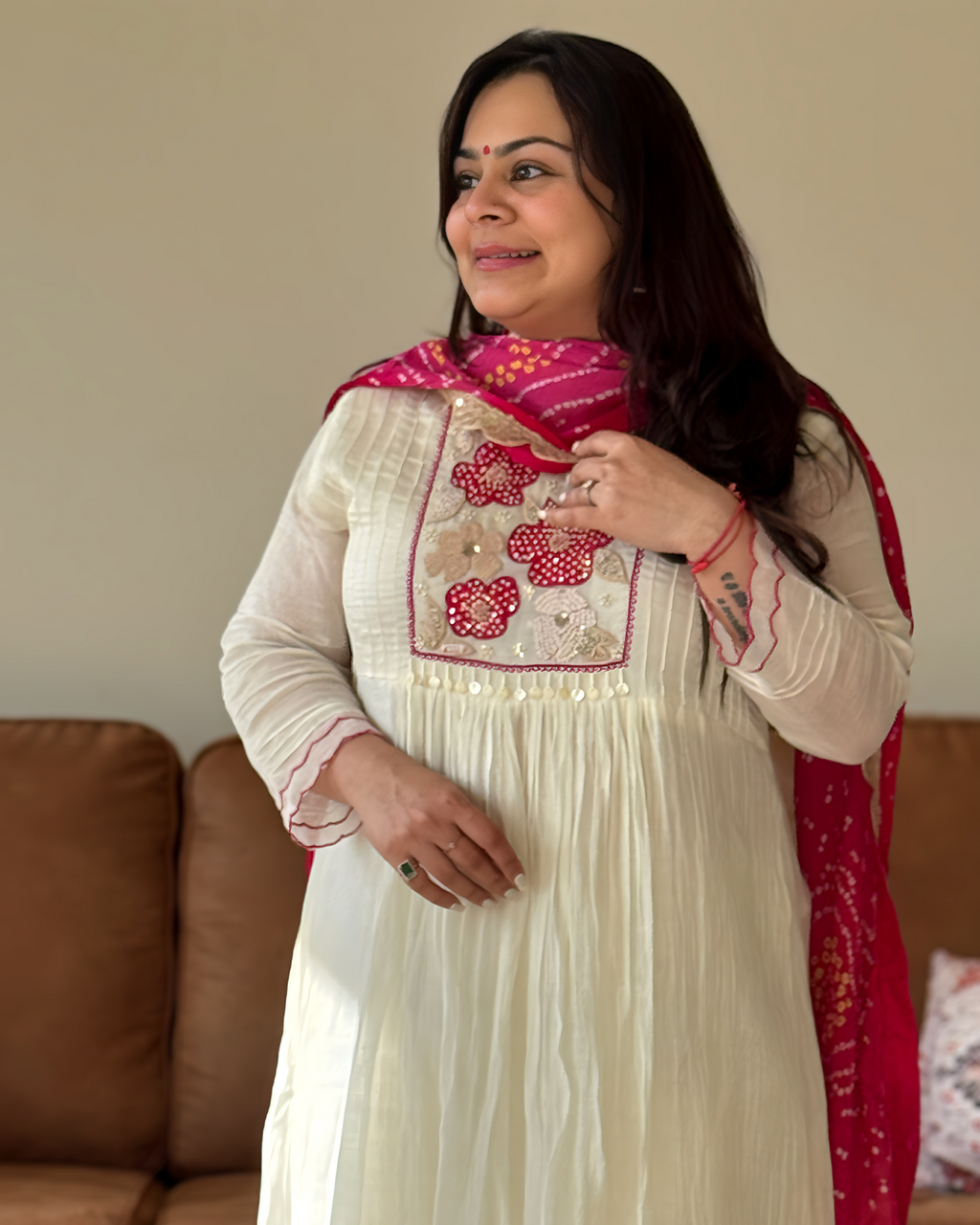 Dhwani wearing premium mul chanderi white anarkali suit with red bandhani dupatta – Go Desi Canada