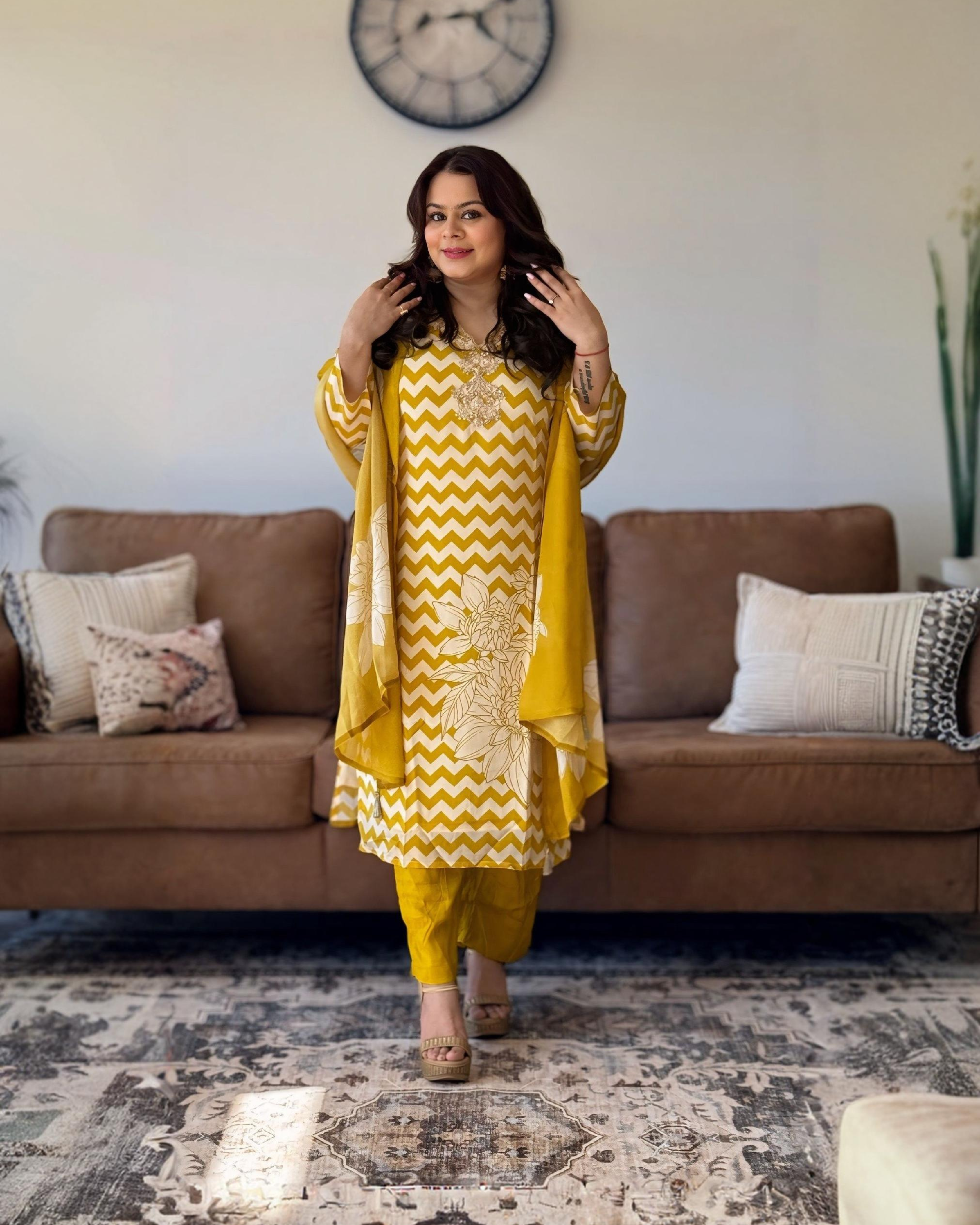 Dhwani wearing premium mustard yellow chinon suit with chevron print and embroidered neckline – Go Desi Canada