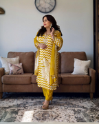 Dhwani wearing premium mustard yellow chinon suit with chevron print and embroidered neckline – Go Desi Canada