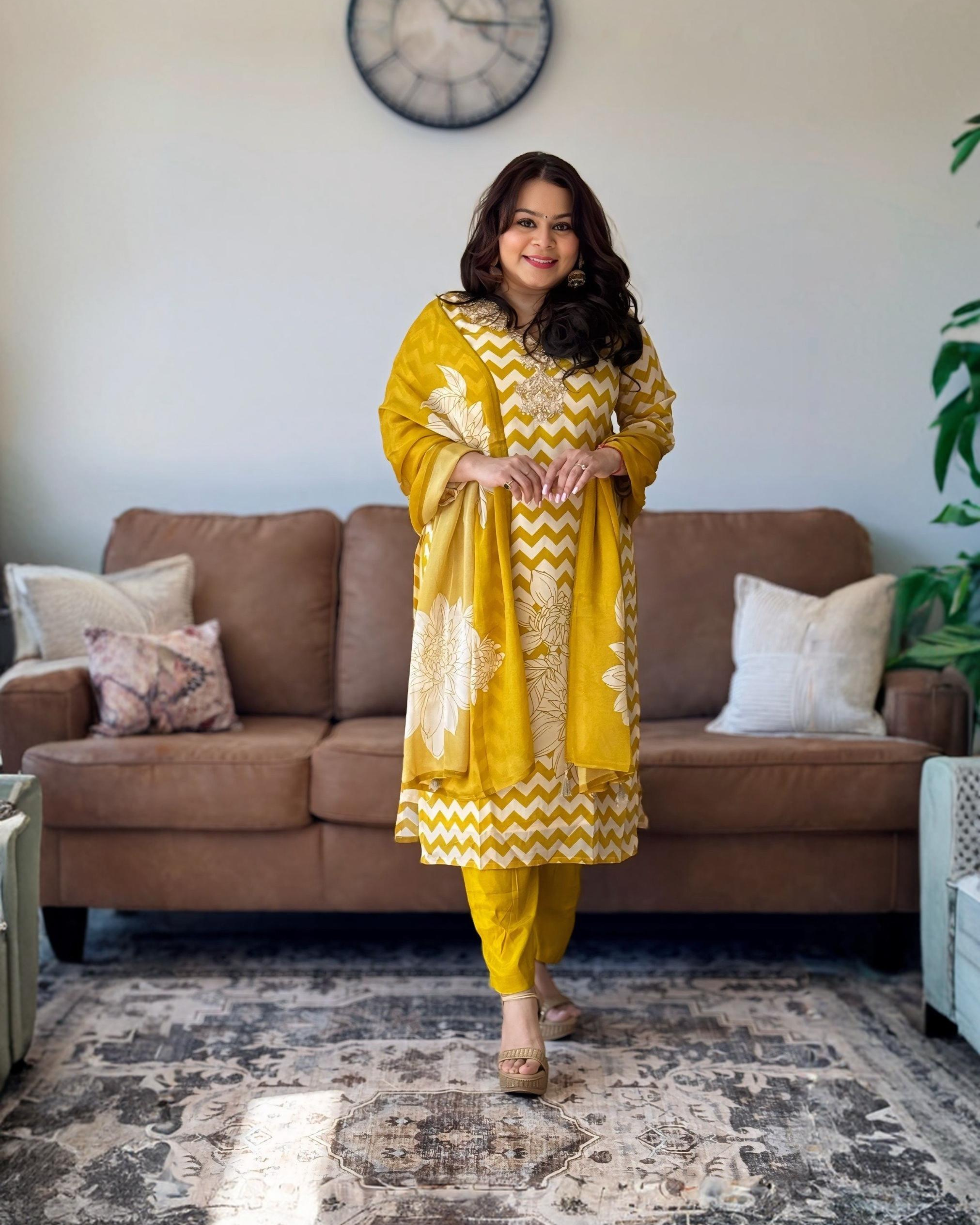 Dhwani wearing premium mustard yellow chinon suit with chevron print and embroidered neckline – Go Desi Canada