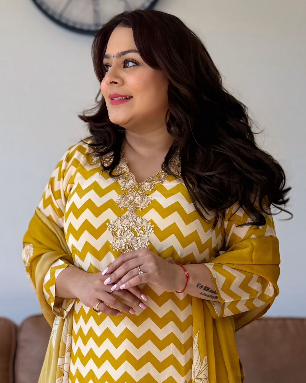 Dhwani wearing premium mustard yellow chinon suit with chevron print and embroidered neckline – Go Desi Canada