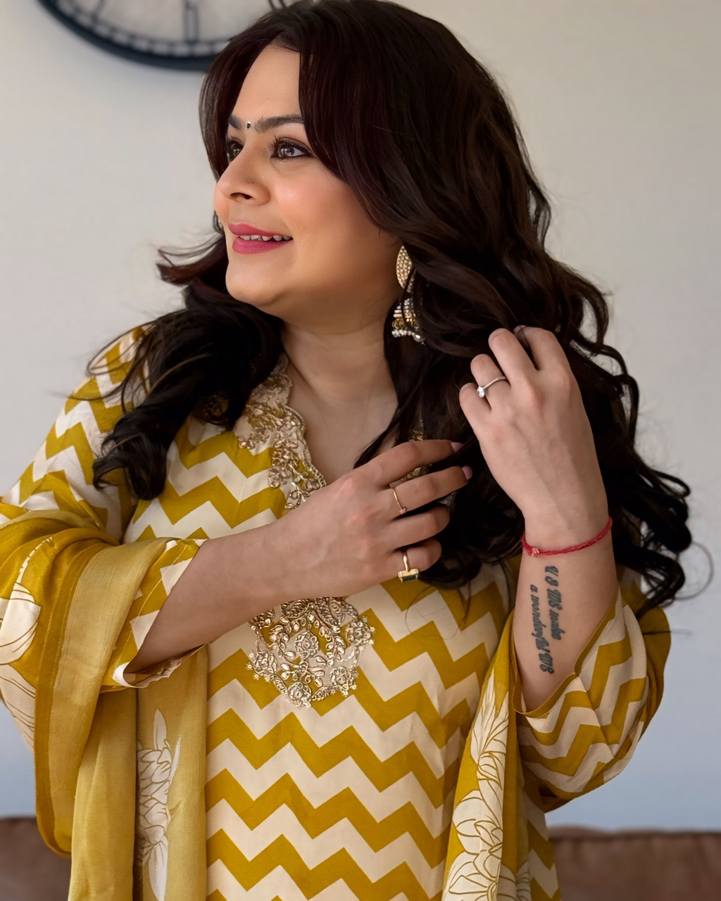 Dhwani wearing premium mustard yellow chinon suit with chevron print and embroidered neckline – Go Desi Canada