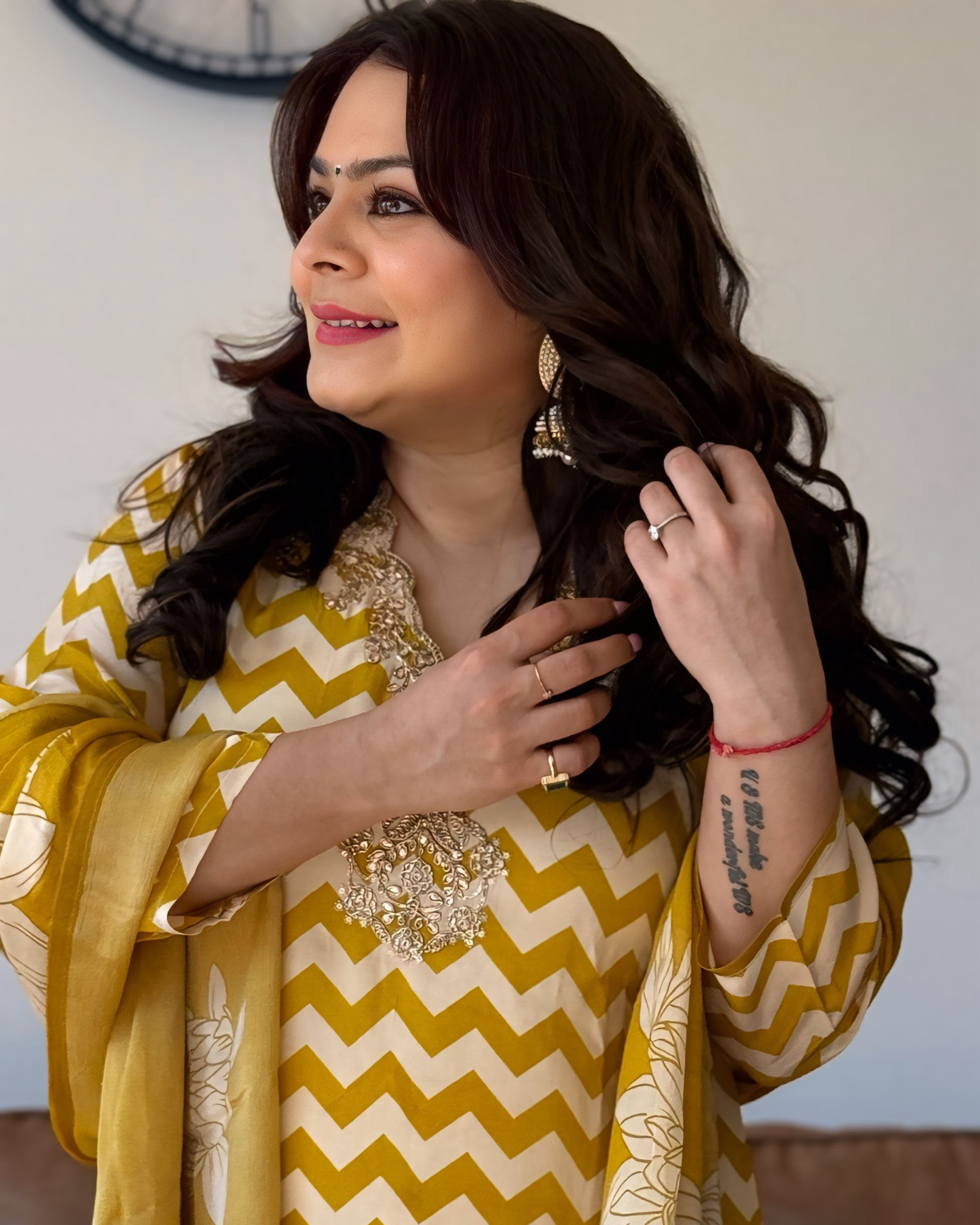 Dhwani wearing premium mustard yellow chinon suit with chevron print and embroidered neckline – Go Desi Canada