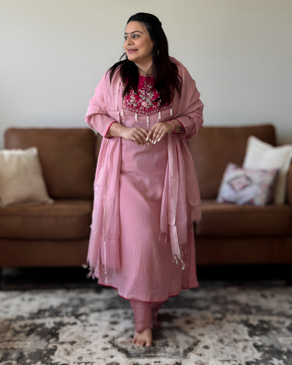 Dhwani wearing premium pink mul chanderi suit with embroidered yoke and matching dupatta – Go Desi Canada