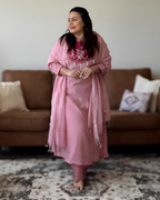 Dhwani wearing premium pink mul chanderi suit with embroidered yoke and matching dupatta – Go Desi Canada