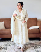 Dhwani wearing premium ivory mul chanderi checkered suit with mirror and zari embroidery – Go Desi Canada