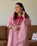 Dhwani wearing premium pink mul chanderi suit with embroidered yoke and matching dupatta – Go Desi Canada