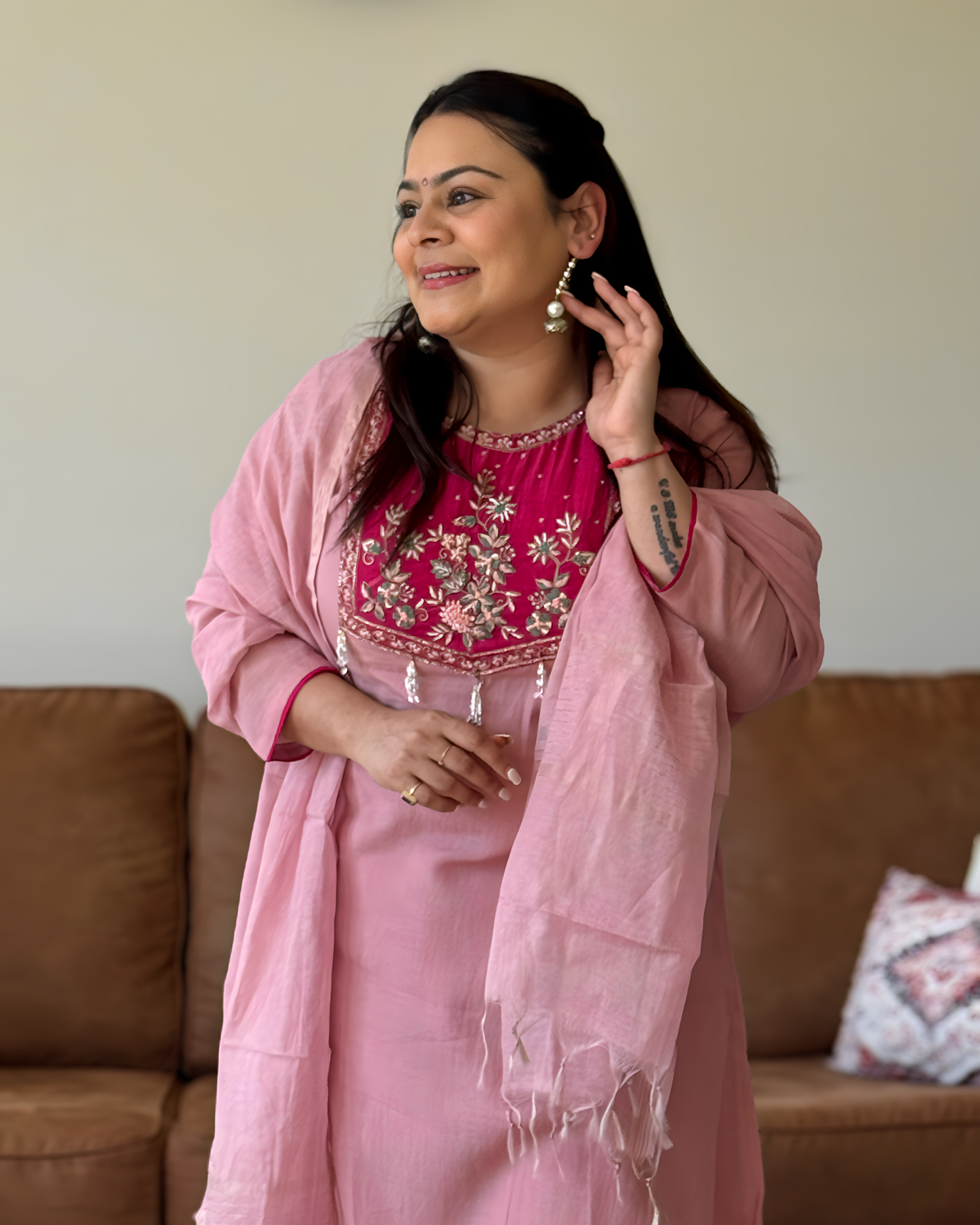 Dhwani wearing premium pink mul chanderi suit with embroidered yoke and matching dupatta – Go Desi Canada
