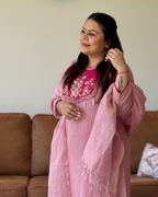 Dhwani wearing premium pink mul chanderi suit with embroidered yoke and matching dupatta – Go Desi Canada