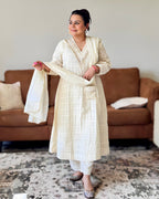 Dhwani wearing premium ivory mul chanderi checkered suit with mirror and zari embroidery – Go Desi Canada