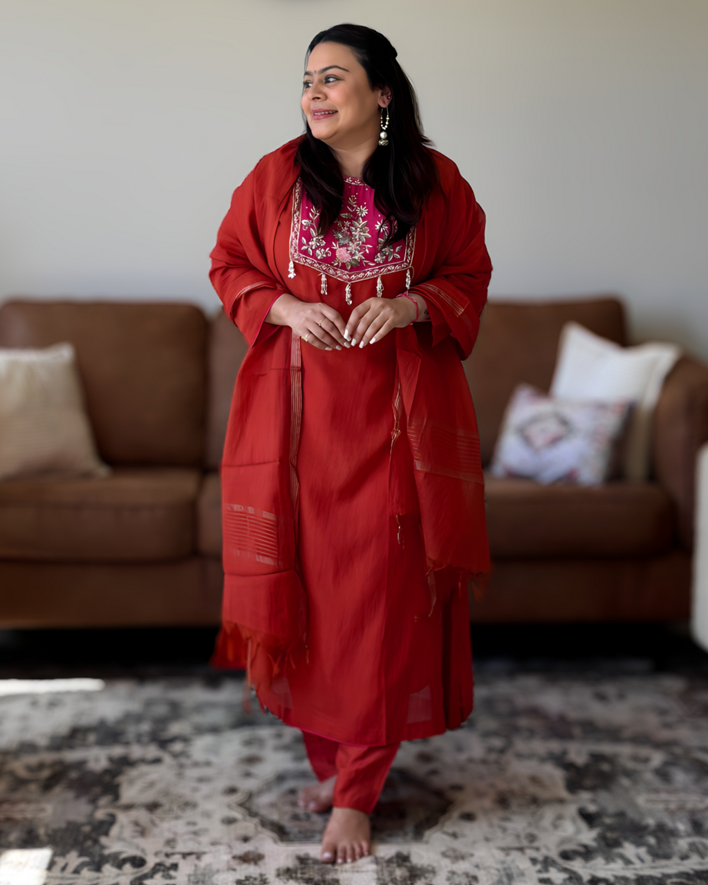 Dhwani wearing premium rust mul chanderi suit with pink embroidered yoke and zari dupatta – Go Desi Canada