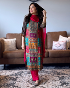Model wearing multicolour chinon printed suit set with mirror embroidery and red dupatta – Go Desi Canada