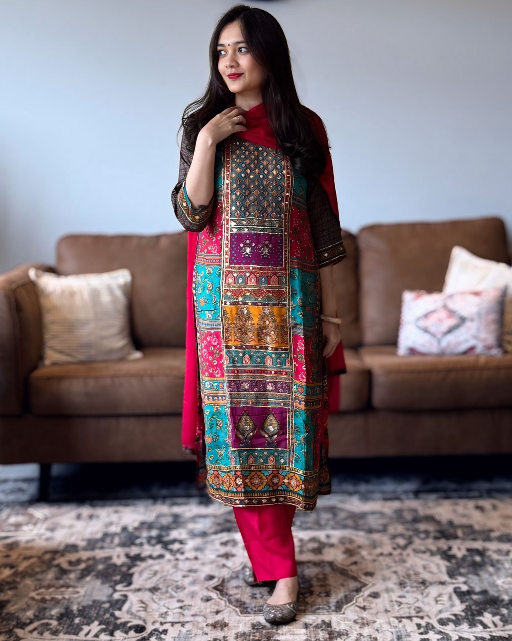 Model wearing multicolour chinon printed suit set with mirror embroidery and red dupatta – Go Desi Canada
