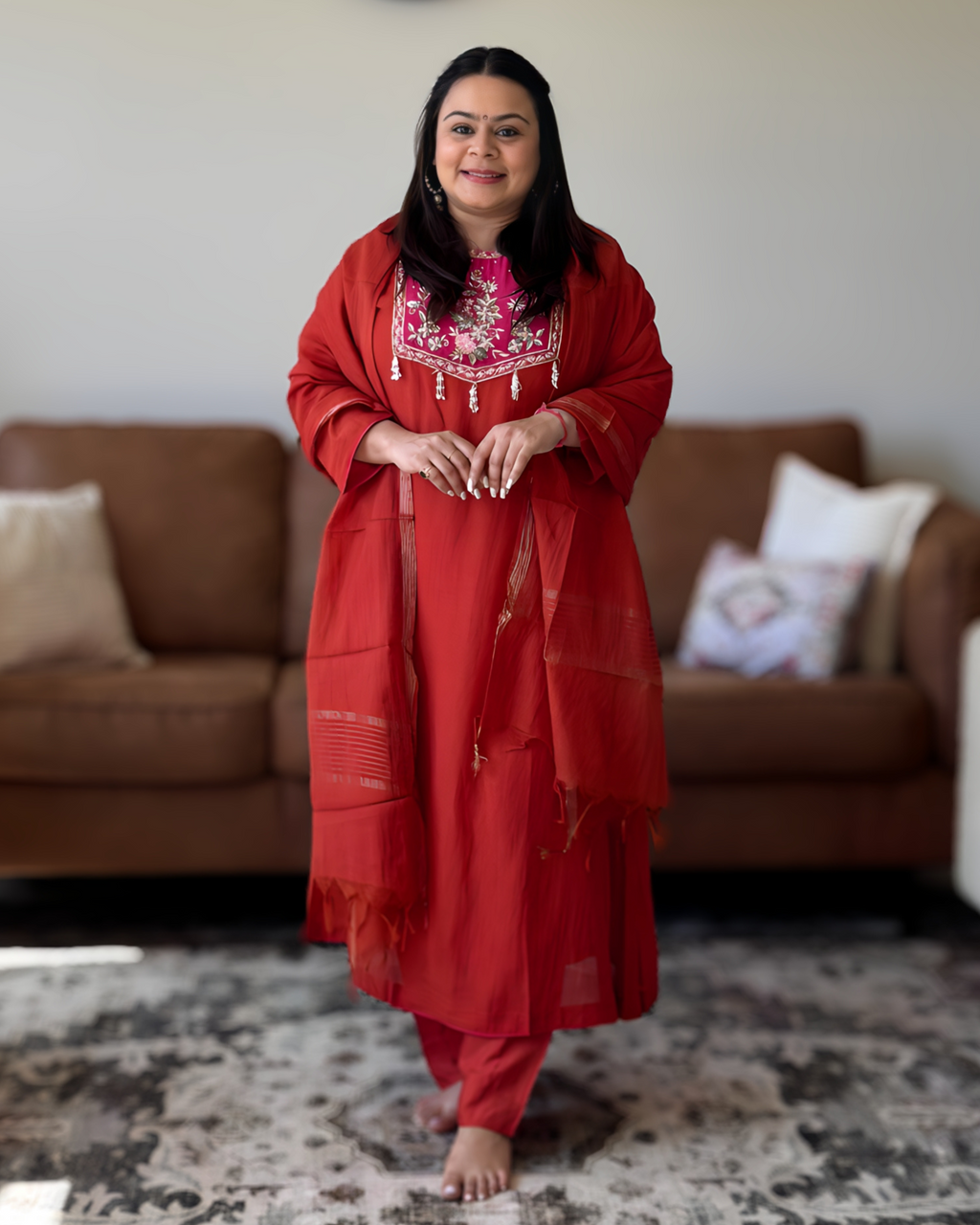 Dhwani wearing premium rust mul chanderi suit with pink embroidered yoke and zari dupatta – Go Desi Canada