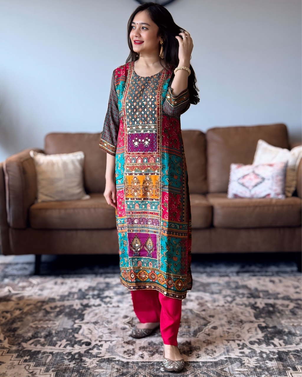 Model wearing multicolour chinon printed suit set with mirror embroidery and red dupatta – Go Desi Canada
