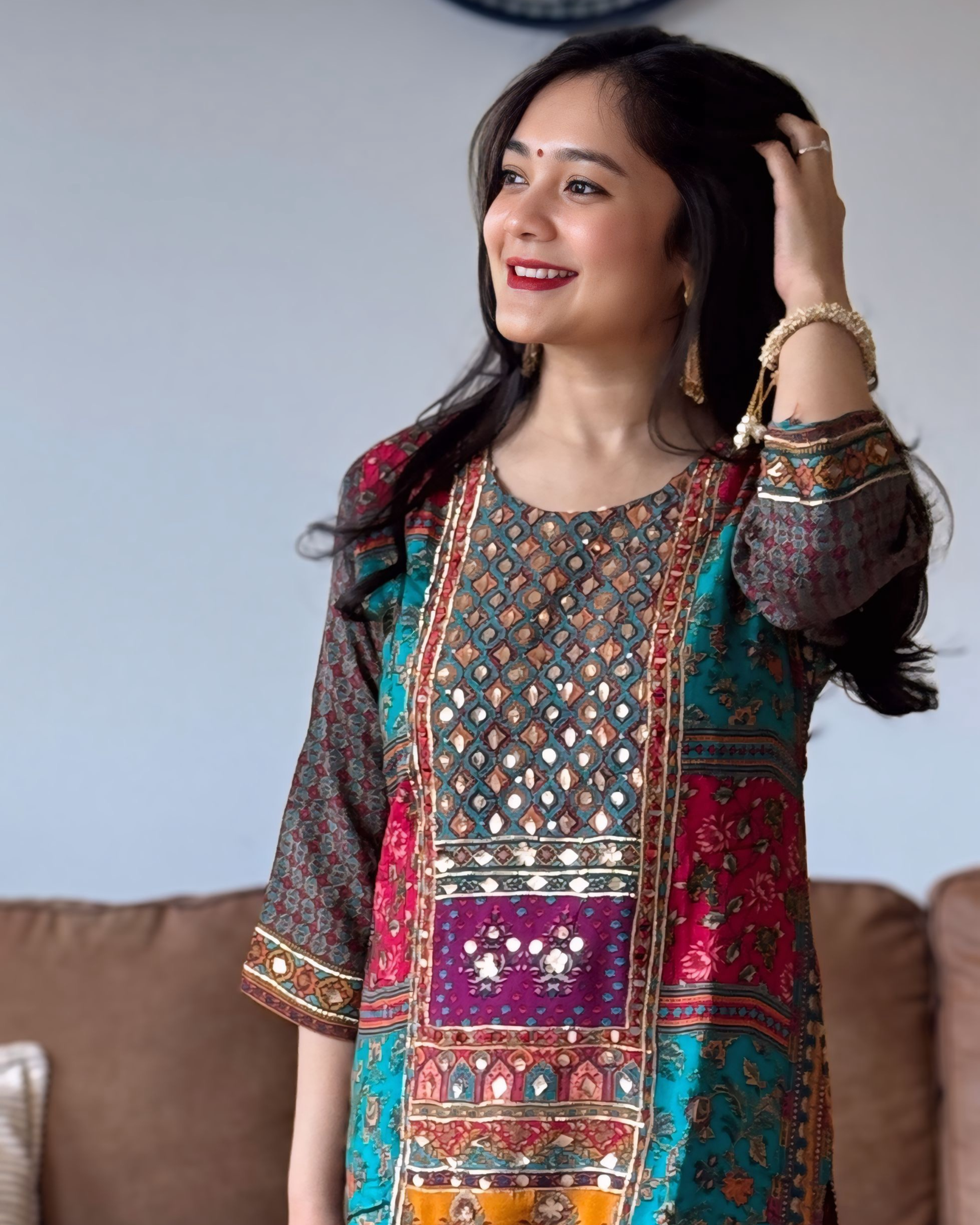 Model wearing multicolour chinon printed suit set with mirror embroidery and red dupatta – Go Desi Canada
