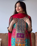 Model wearing multicolour chinon printed suit set with mirror embroidery and red dupatta – Go Desi Canada