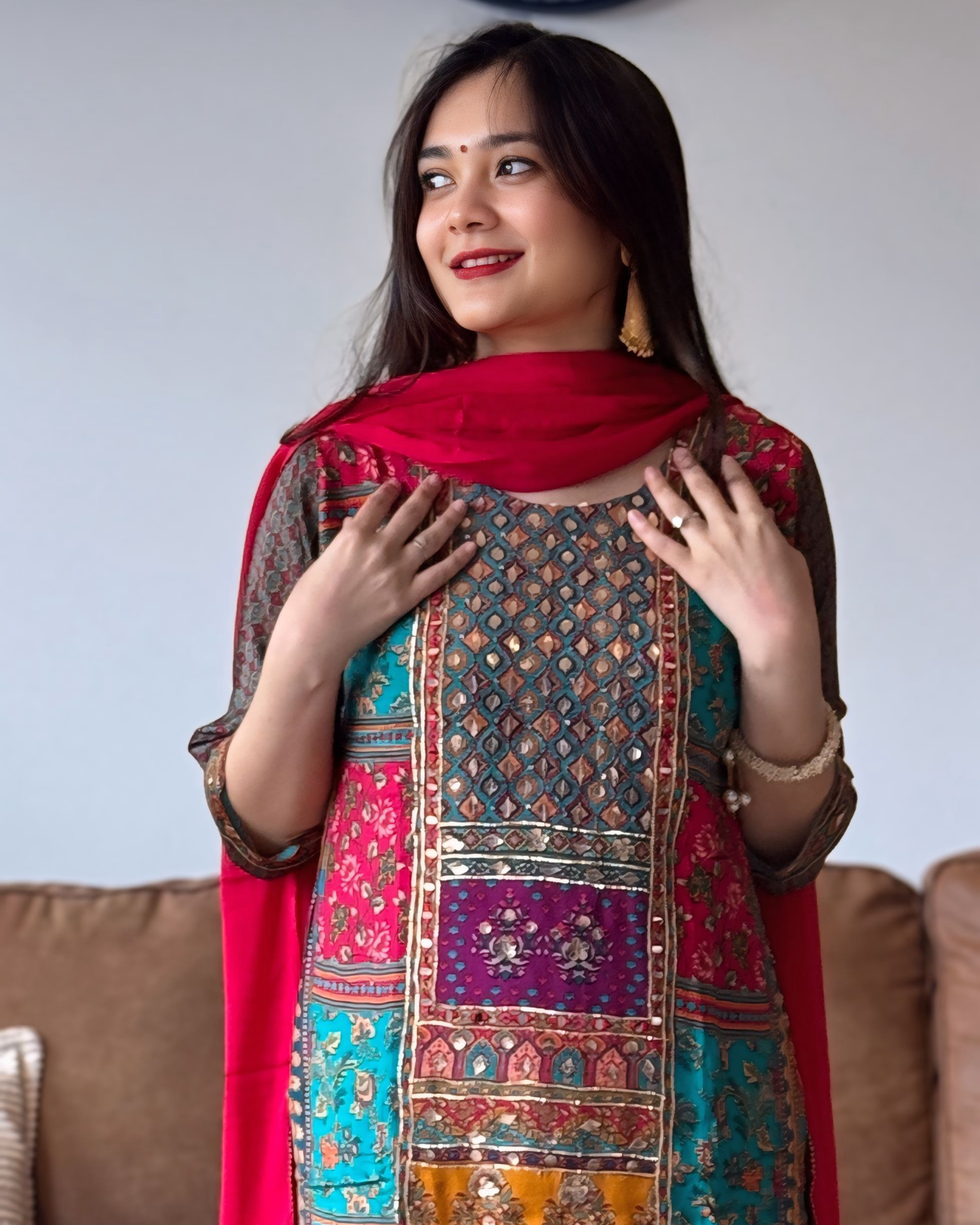 Model wearing multicolour chinon printed suit set with mirror embroidery and red dupatta – Go Desi Canada