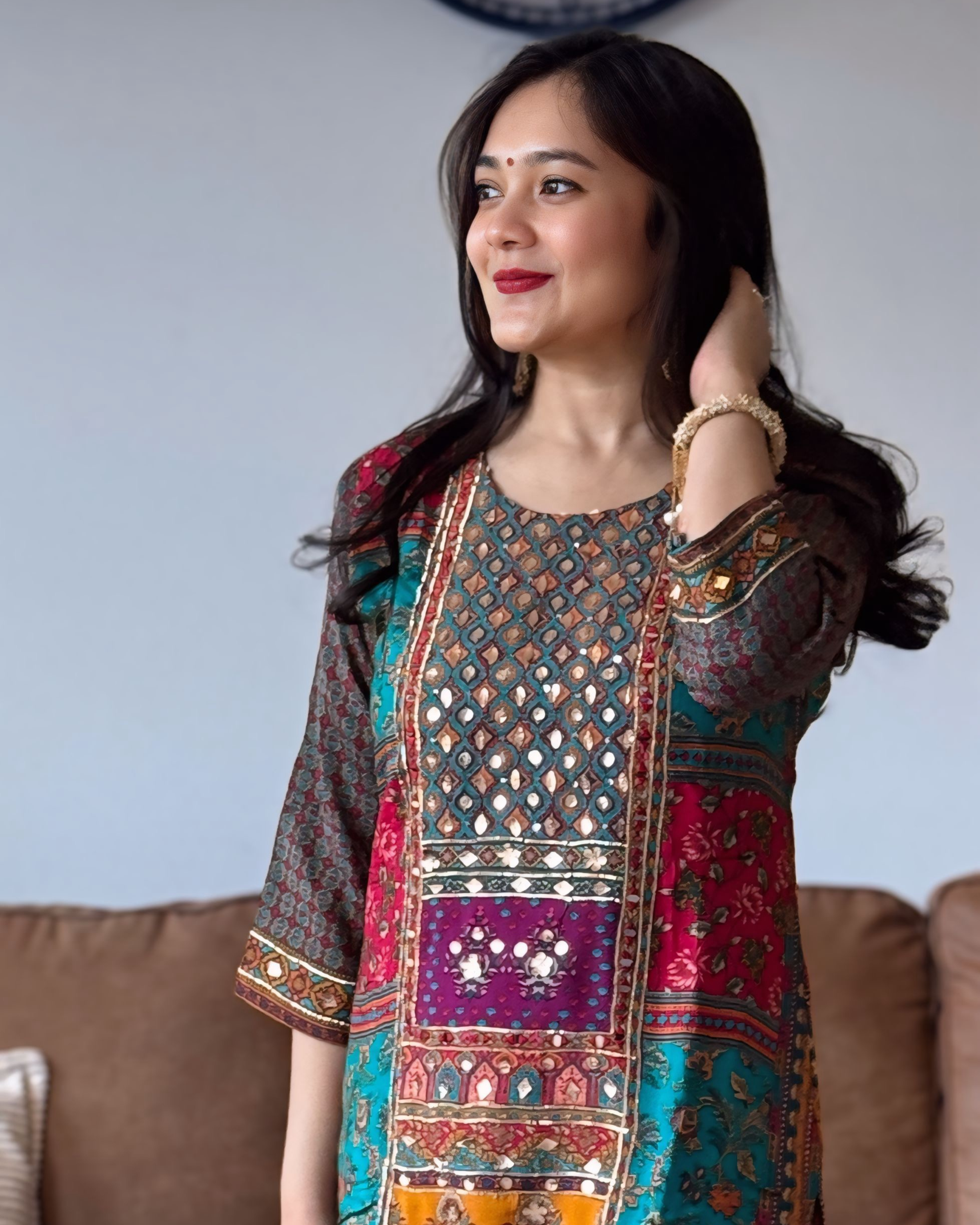 Model wearing multicolour chinon printed suit set with mirror embroidery and red dupatta – Go Desi Canada
