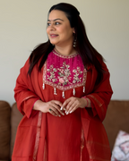 Dhwani wearing premium rust mul chanderi suit with pink embroidered yoke and zari dupatta – Go Desi Canada