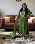 Dhwani wearing premium green silk anarkali suit with mirror embroidery and zari dupatta – Go Desi Canada