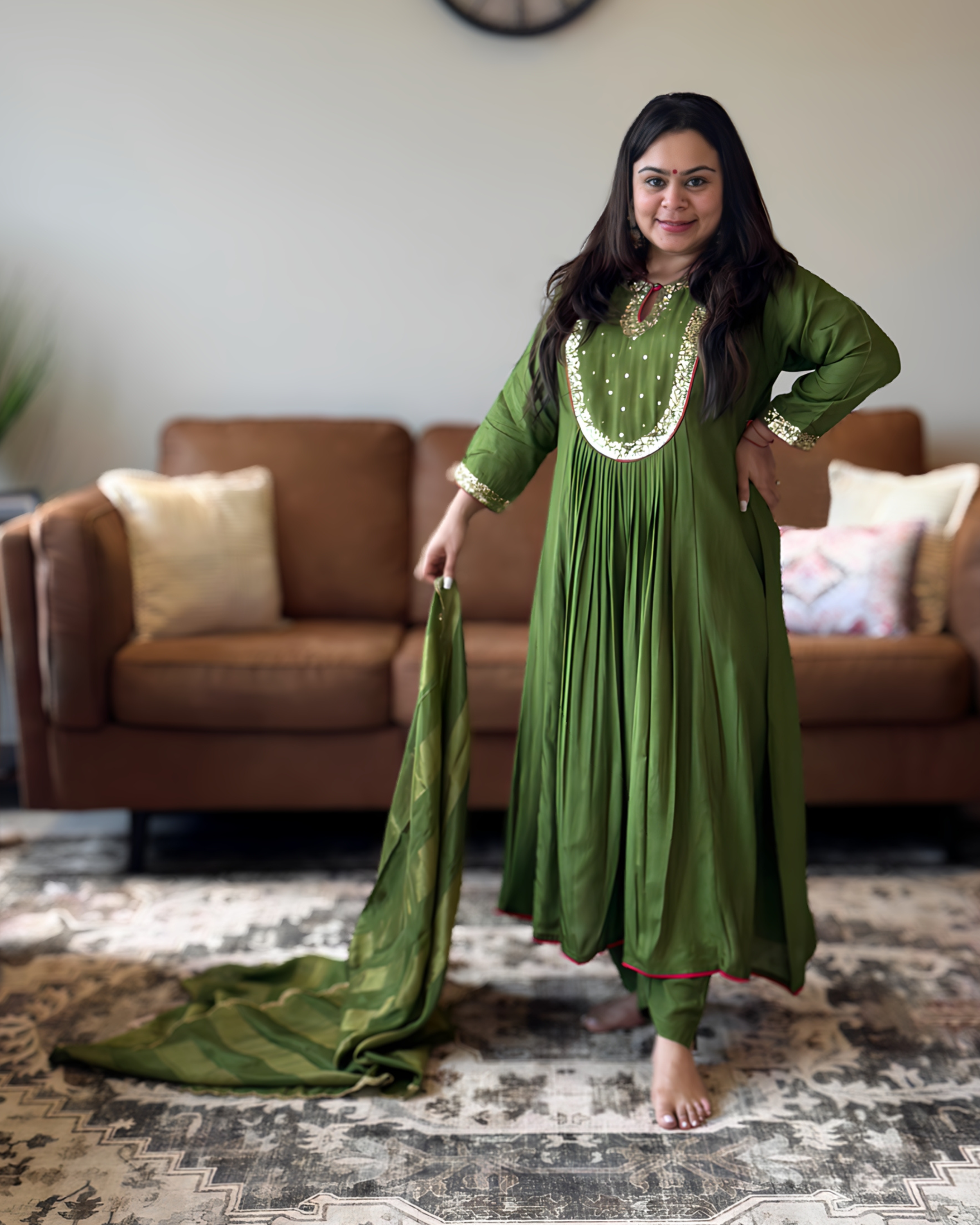 Dhwani wearing premium green silk anarkali suit with mirror embroidery and zari dupatta – Go Desi Canada