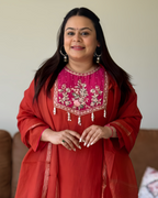 Dhwani wearing premium rust mul chanderi suit with pink embroidered yoke and zari dupatta – Go Desi Canada