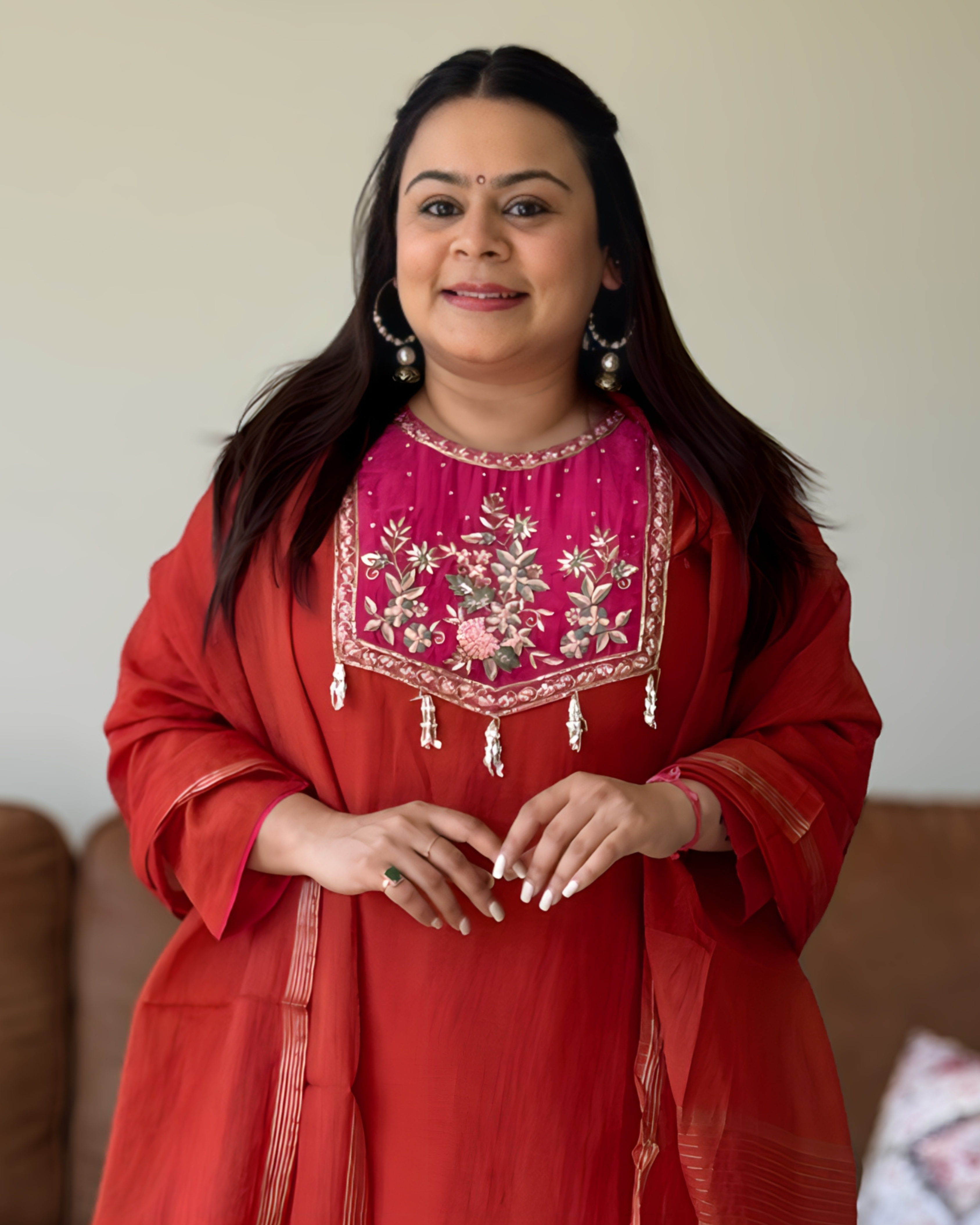Dhwani wearing premium rust mul chanderi suit with pink embroidered yoke and zari dupatta – Go Desi Canada