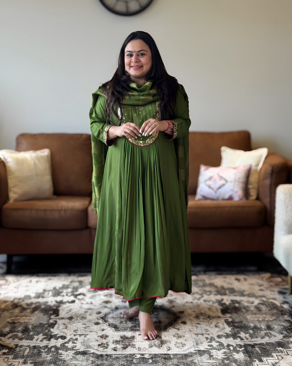 Dhwani wearing premium green silk anarkali suit with mirror embroidery and zari dupatta – Go Desi Canada