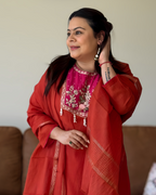 Dhwani wearing premium rust mul chanderi suit with pink embroidered yoke and zari dupatta – Go Desi Canada