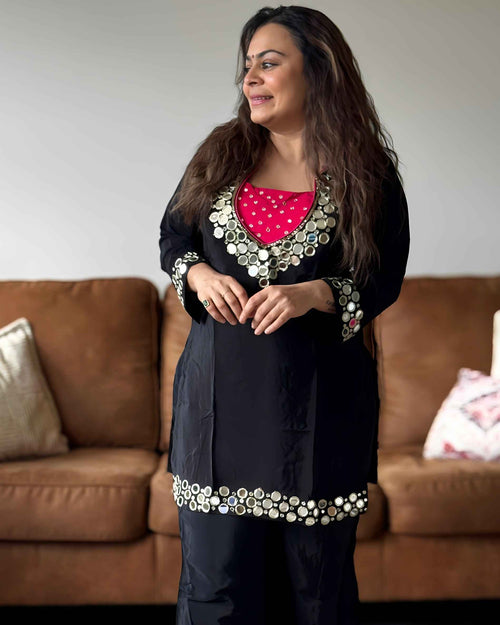 Black Pink Mirror Chinon Kurta Set for Women