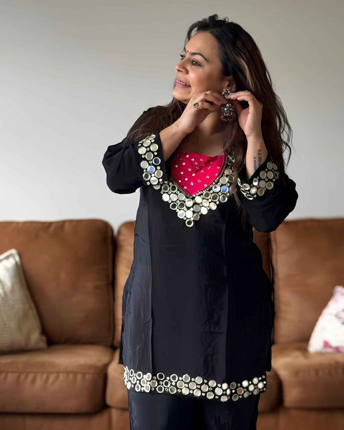 Black Pink Mirror Chinon Kurta Set for Women