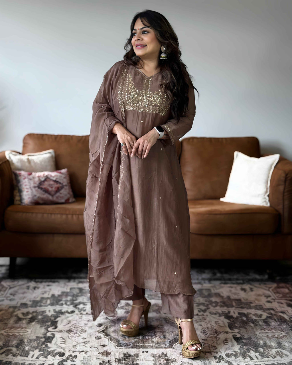 Mocha Brown Gold Embroidered Mul Chanderi Suit Set