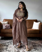 Mocha Brown Gold Embroidered Mul Chanderi Suit Set
