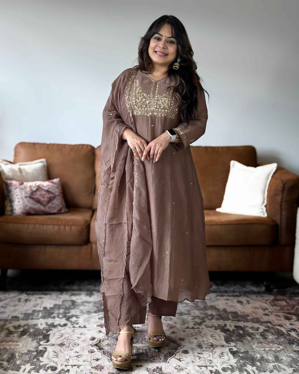 Mocha Brown Gold Embroidered Mul Chanderi Suit Set