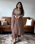 Mocha Brown Gold Embroidered Mul Chanderi Suit Set