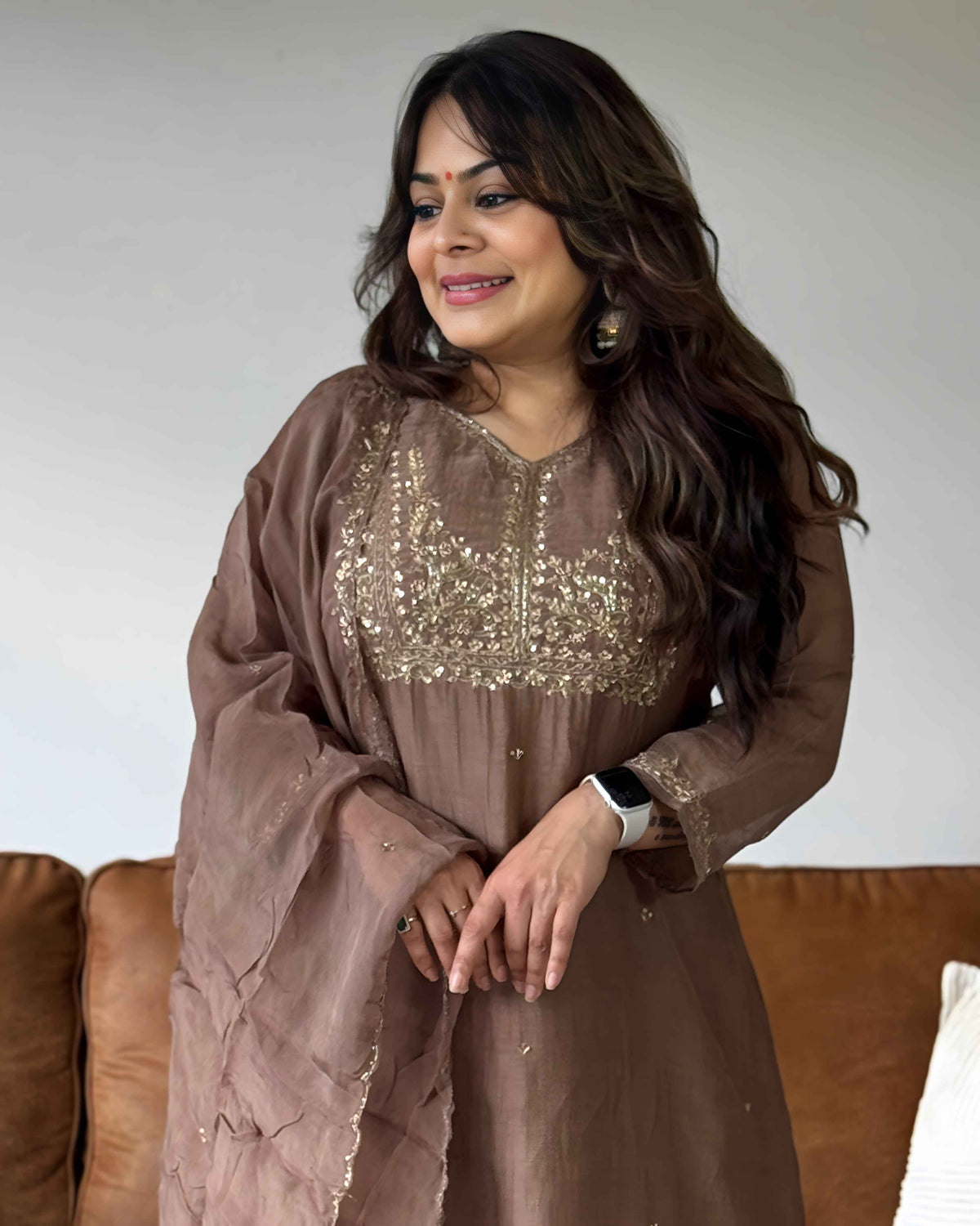 Mocha Brown Gold Embroidered Mul Chanderi Suit Set