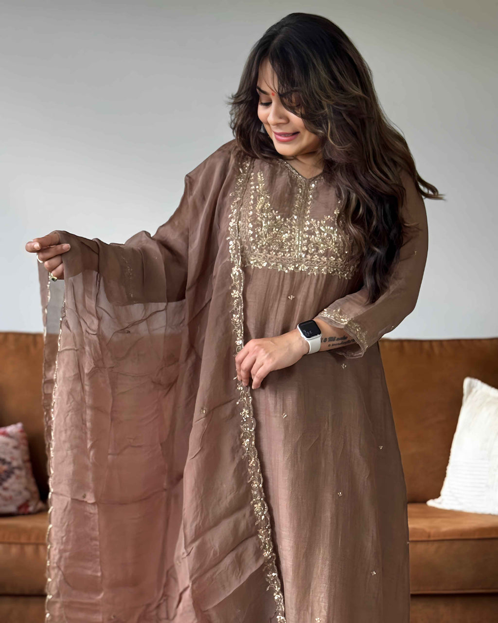 Mocha Brown Gold Embroidered Mul Chanderi Suit Set