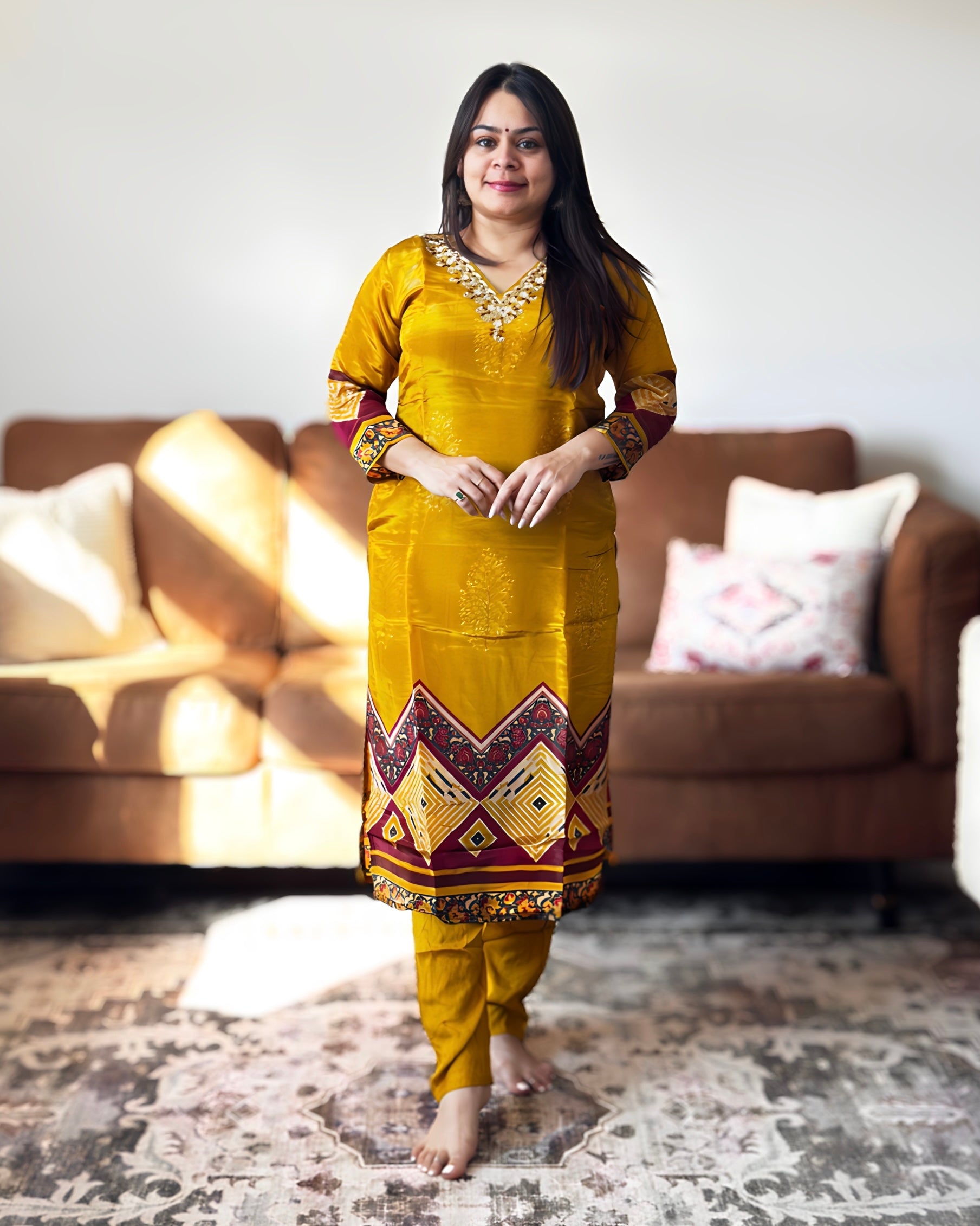 Woman in a yellow traditional outfit standing in a living room.