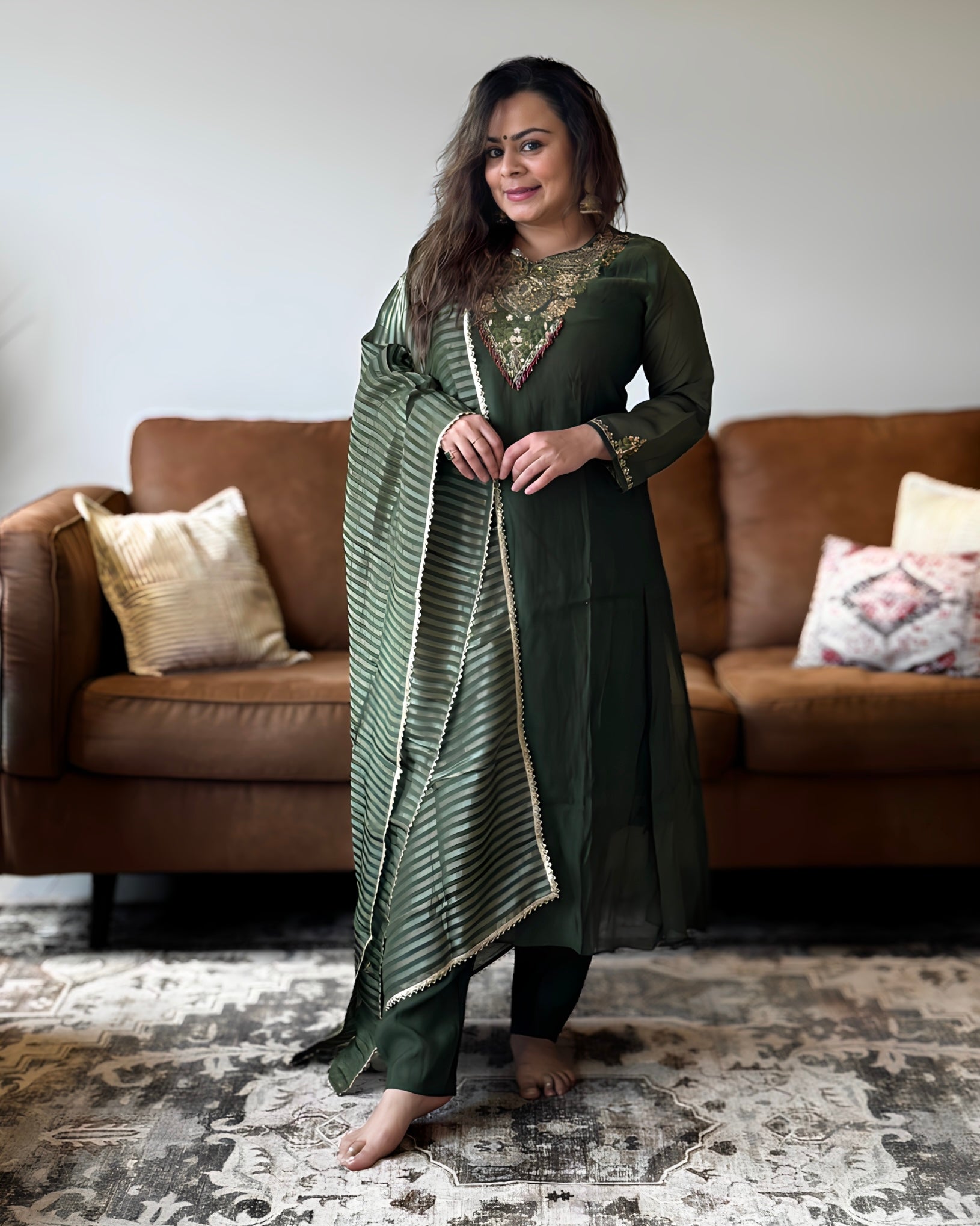 Green Mul Chanderi Kurta Set for Women – V2