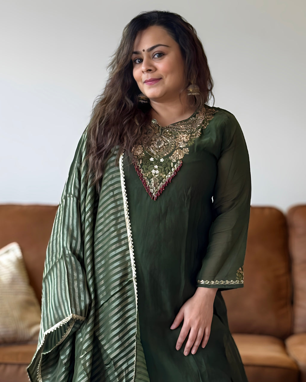Green Mul Chanderi Kurta Set for Women – V2