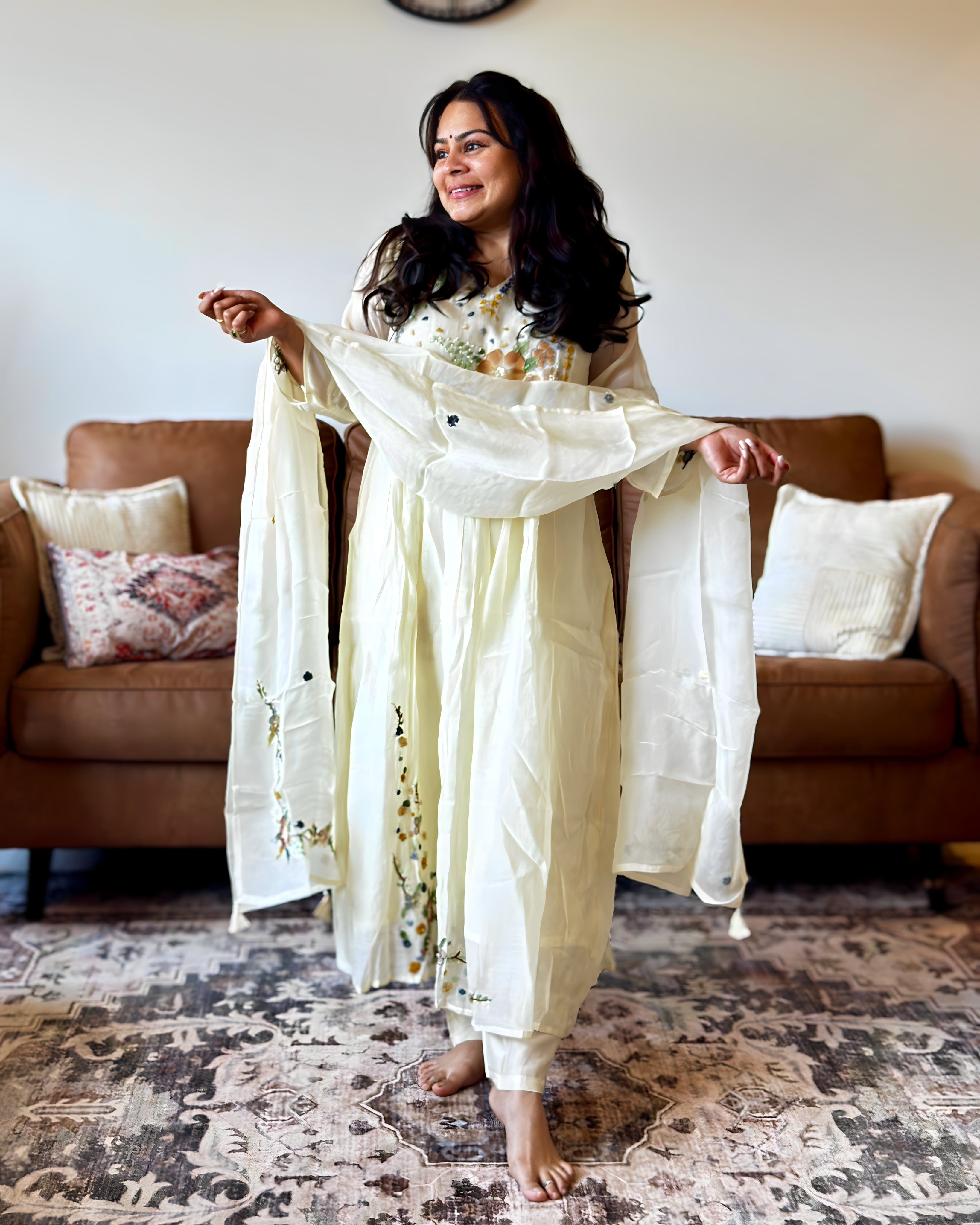 Dhwani wearing ivory mul chanderi floral embroidered anarkali suit with matching dupatta – Go Desi Canada