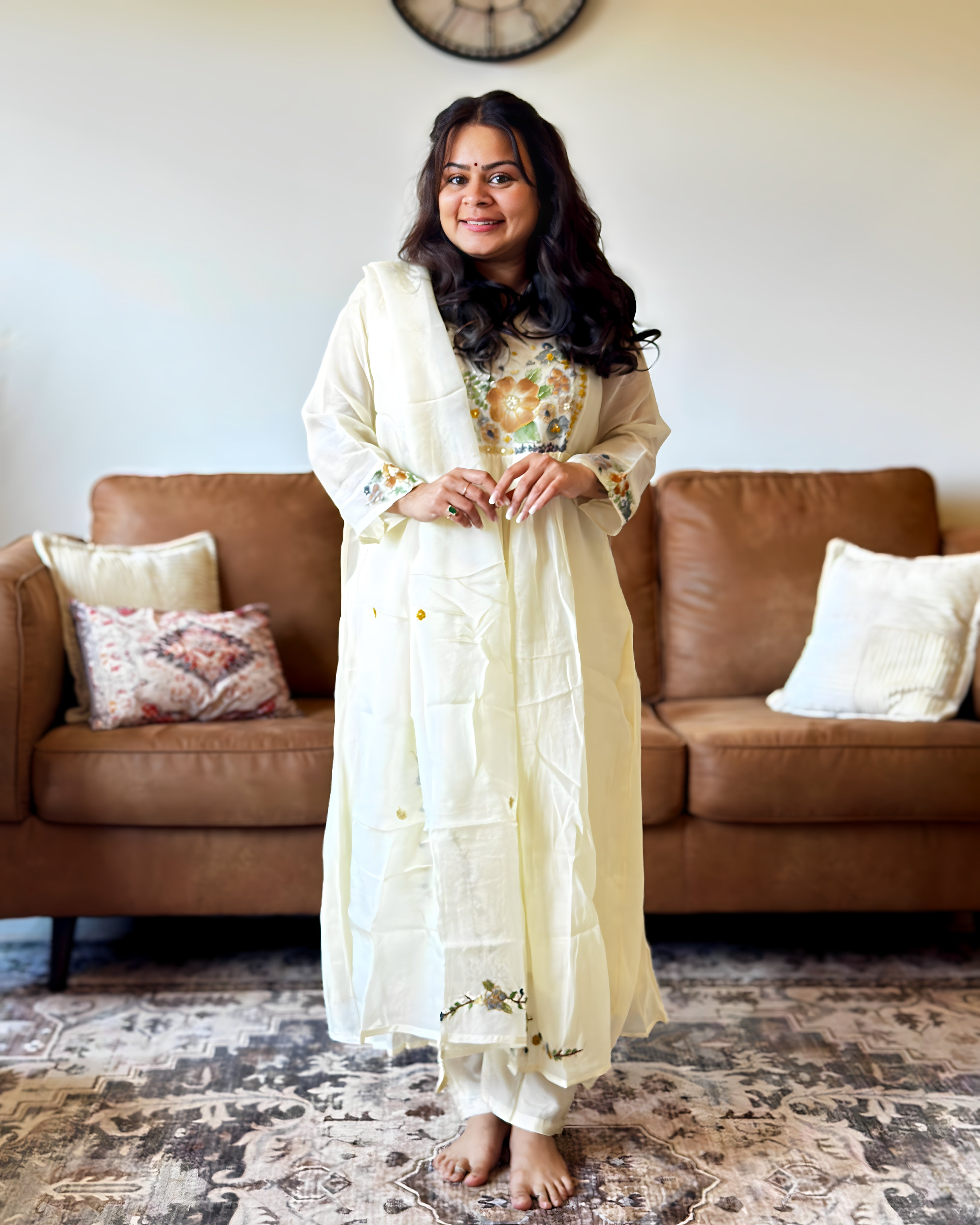 Dhwani wearing ivory mul chanderi floral embroidered anarkali suit with matching dupatta – Go Desi Canada