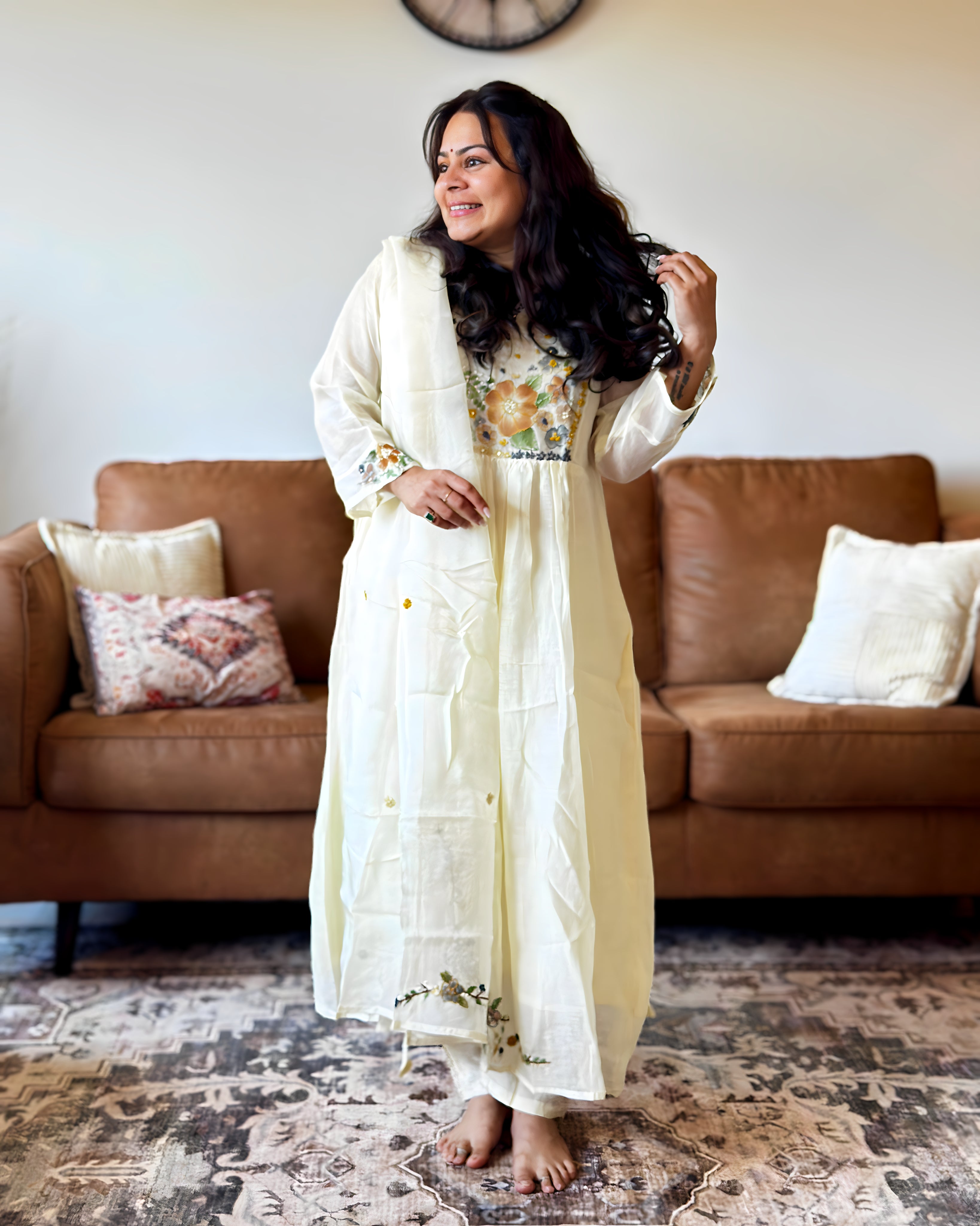 Dhwani wearing ivory mul chanderi floral embroidered anarkali suit with matching dupatta – Go Desi Canada