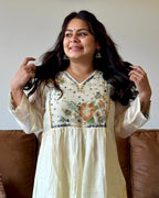 Dhwani wearing ivory mul chanderi floral embroidered anarkali suit with matching dupatta – Go Desi Canada